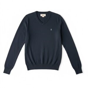 Original Penguin Mens V-Neck Sweater Navy Blue Embroidered Logo Size Medium